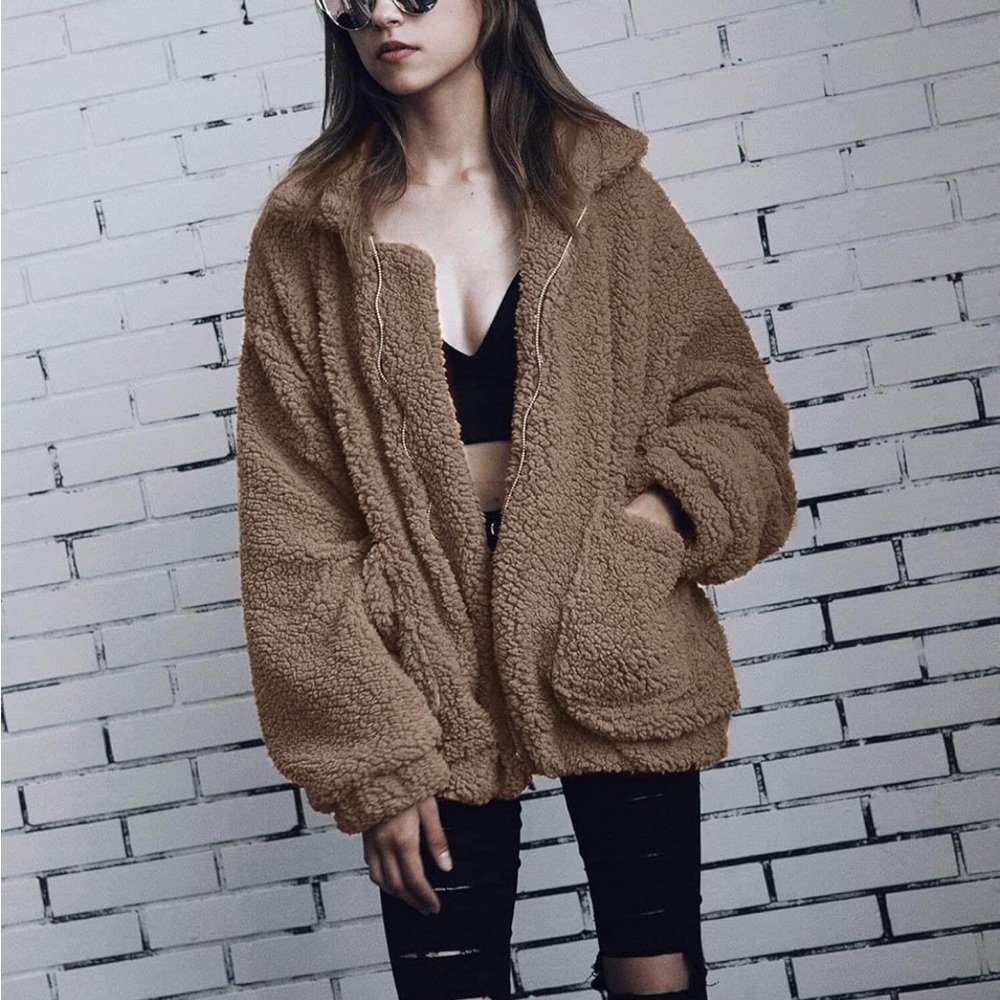NWT PrettyGarden Sherpa Fleece Faux Fur Oversized Teddy Jacket, Coffee, XL